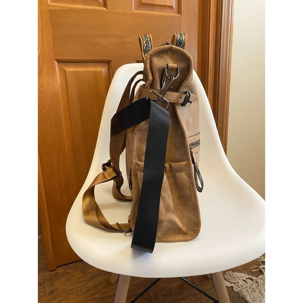 NWOT Fadeon Laptop Backpack Purse Brown Faux Leather Pockets Aztec Southwest